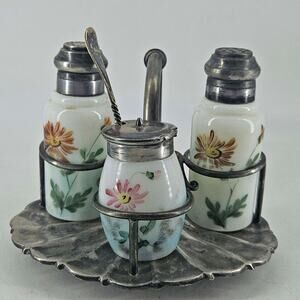 Vintage Wilcox Silverplate Hand Painted Glass Condiment Salt Pepper Shaker Set